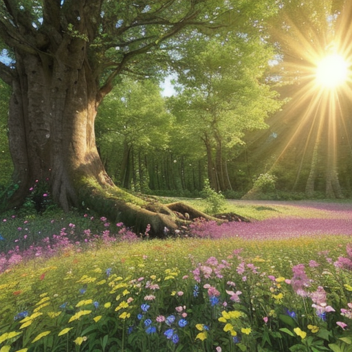 Bildprompt: Baum in einer Lichtung umwachsen von Blumen