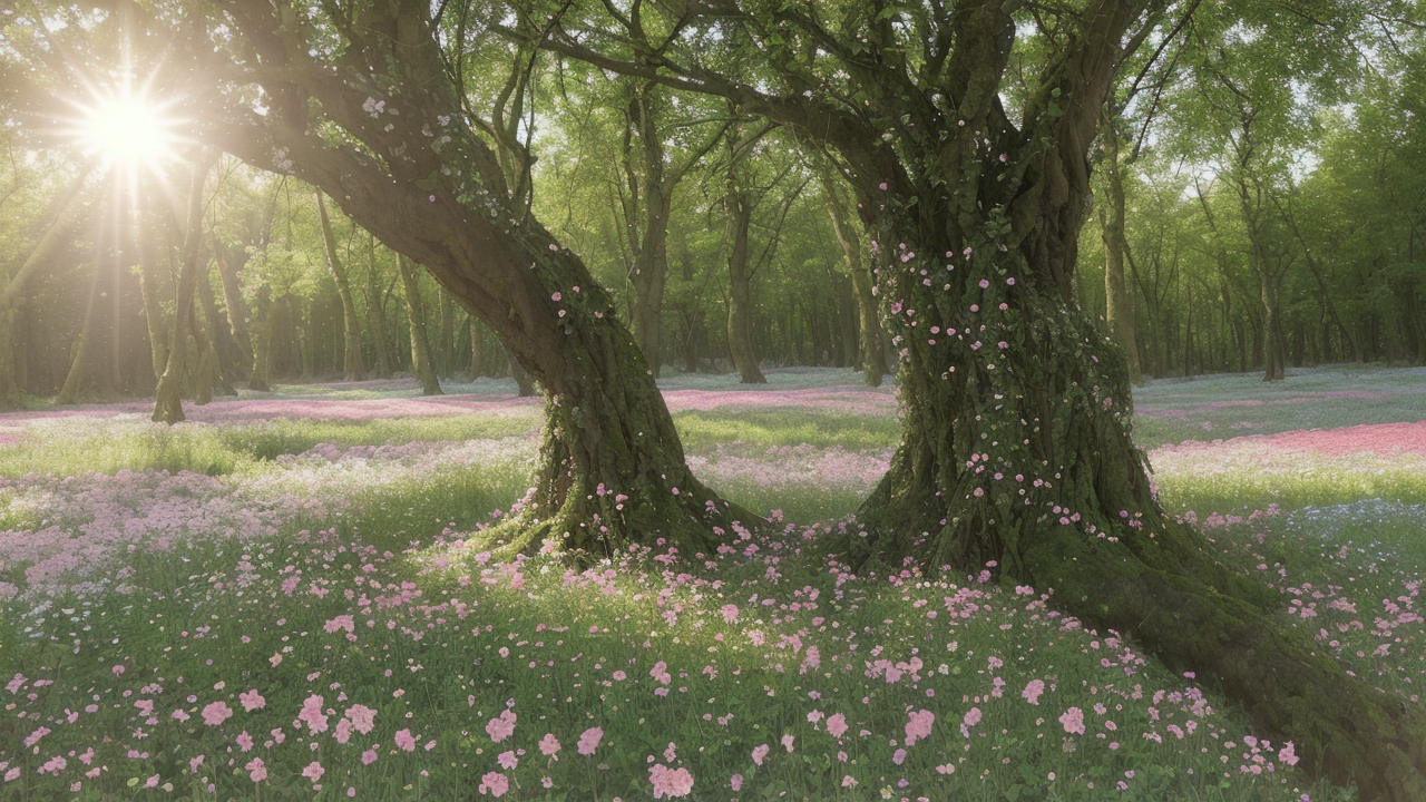Bildprompt: Waldlandschaft mit Rosa Blumenfeld
