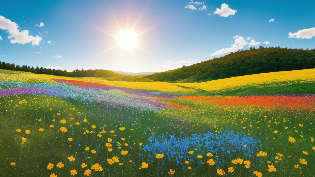 Bildprompt: Bunte Blumenwiese auf welche die Sonne scheint mit klaren Himmel